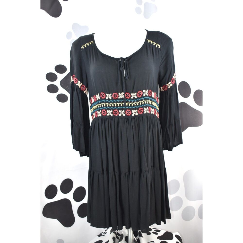 American Eagle 3/4 Sleeve Embroidered Boho Dress Black Medium